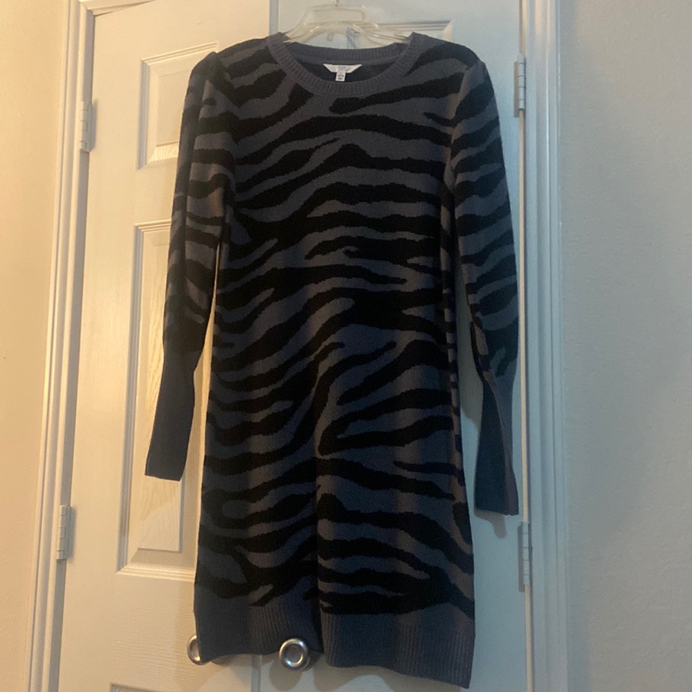 Comfy and cozy Gray and Black animal print sweater dress with ruffled sleeves